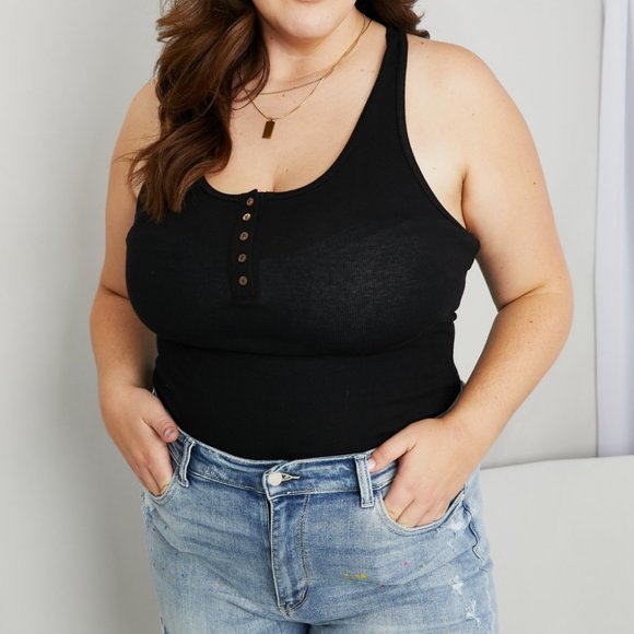 Zenana Full Size Scoop Neck Henley Tank - Picture 1 of 11